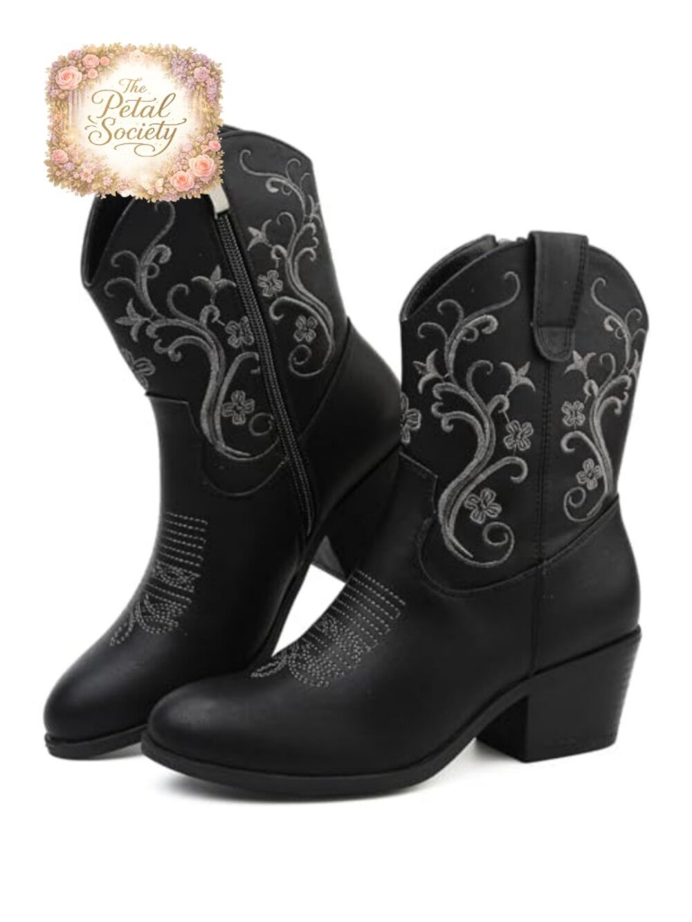 Women's Faux Leather Short Shaft Embroidered Cowboy Boots Side Zip Ankle
